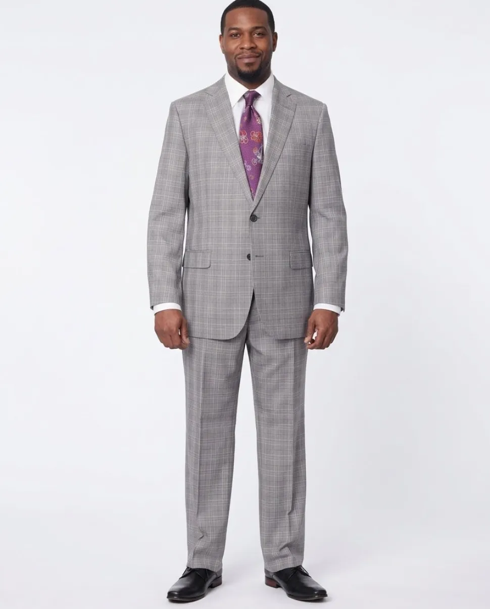 Blujacket Mens Gray Plaid Wool & Silk Blend Regular Fit Suit