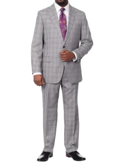 Blujacket Mens Gray Plaid Wool & Silk Blend Regular Fit Suit