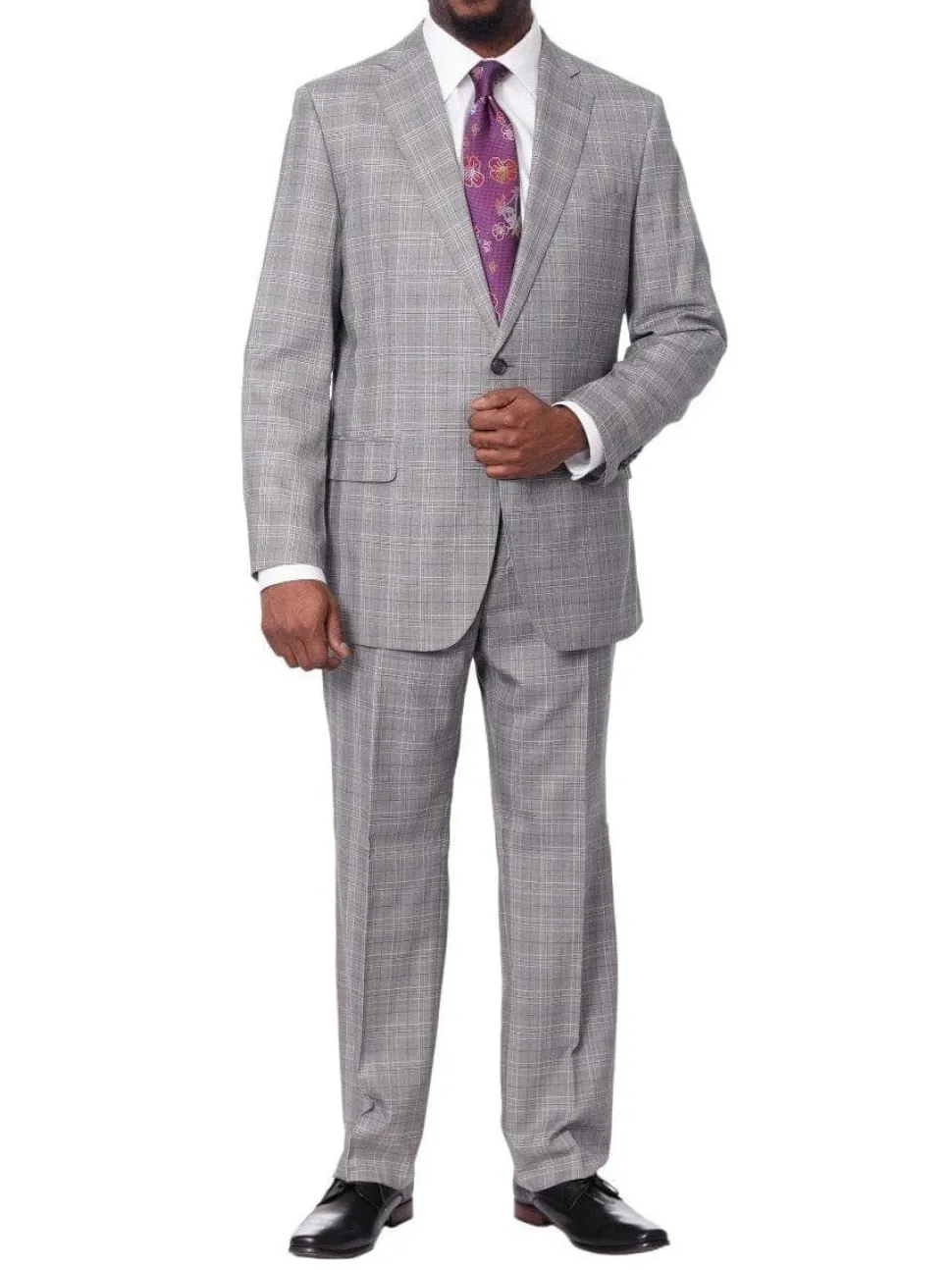 Blujacket Mens Gray Plaid Wool & Silk Blend Regular Fit Suit