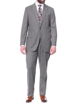 Blujacket Mens Gray Striped 100% Wool Flannel Classic Fit Half Canvassed Suit