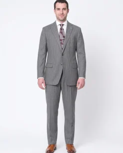 Blujacket Mens Gray Striped 100% Wool Flannel Classic Fit Half Canvassed Suit