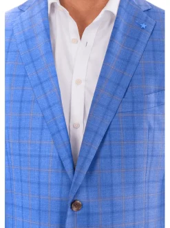 Blujacket Mens Light Blue Plaid Regular Fit 100% Wool Blazer Sportcoat