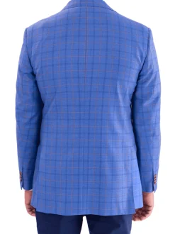 Blujacket Mens Light Blue Plaid Regular Fit 100% Wool Blazer Sportcoat
