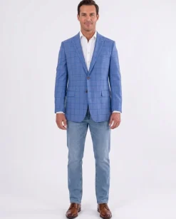 Blujacket Mens Light Blue Plaid Regular Fit 100% Wool Blazer Sportcoat