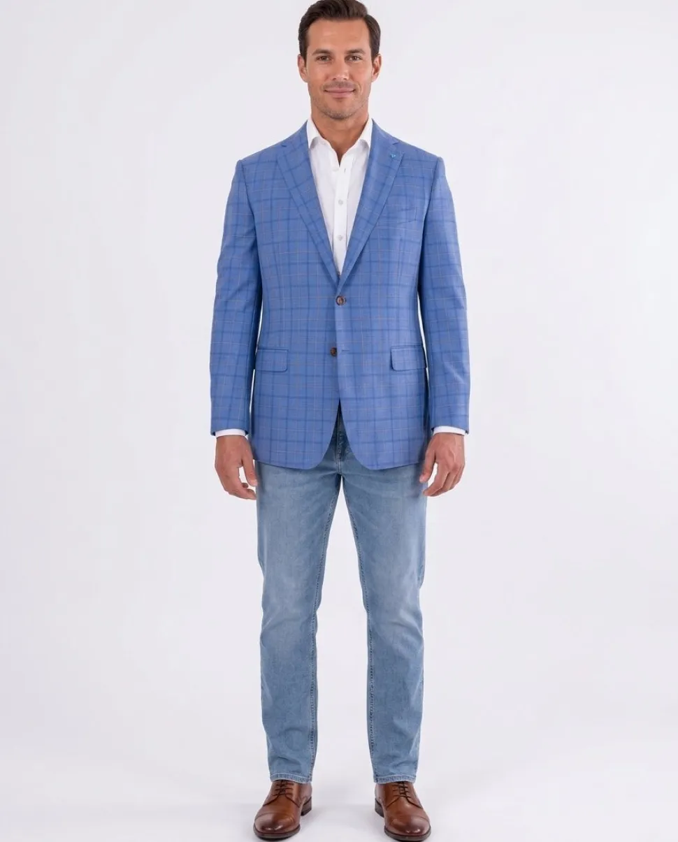 Blujacket Mens Light Blue Plaid Regular Fit 100% Wool Blazer Sportcoat