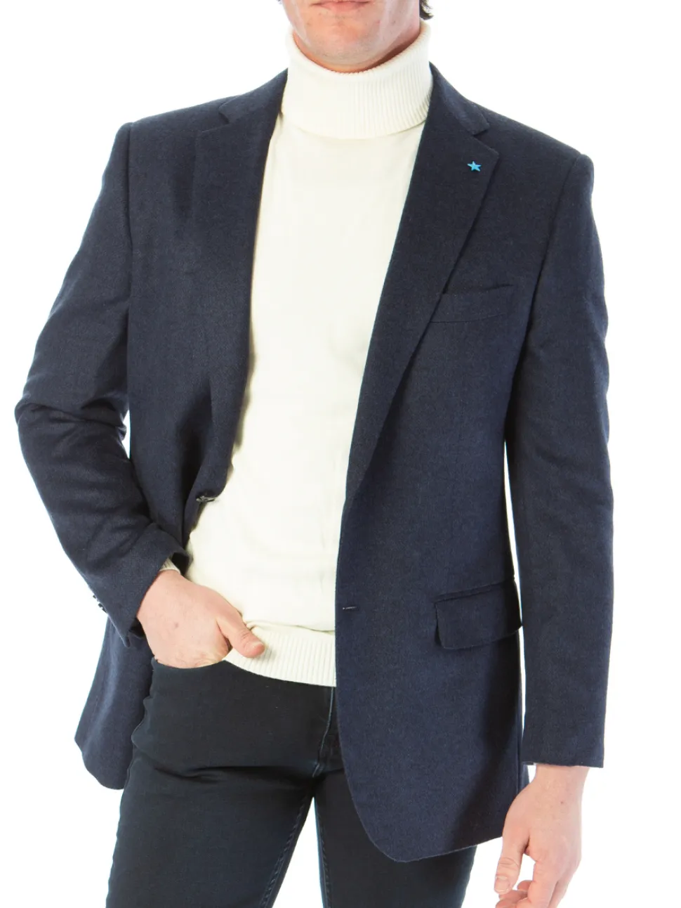 Blujacket Mens Navy Blue Regular Fit Silk Cashmere 2 Button Blazer Sportcoat