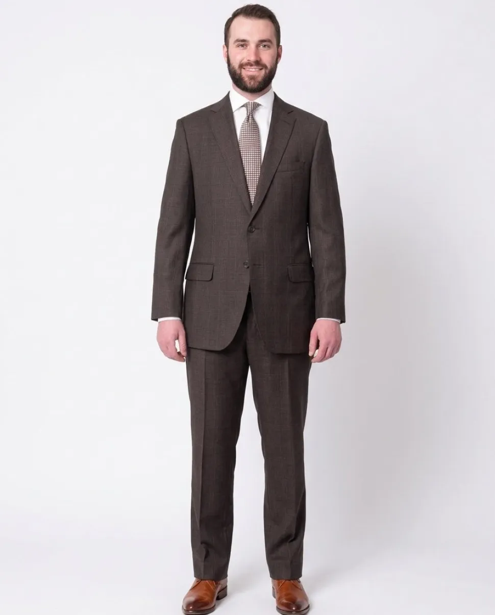 Blujacket Mens Regular Fit Brown Plaid Half Canvassed 100% Wool Suit
