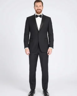 Blujacket Mens Solid Black 100% Wool Regular Fit Tuxedo Suit With Satin Lapel