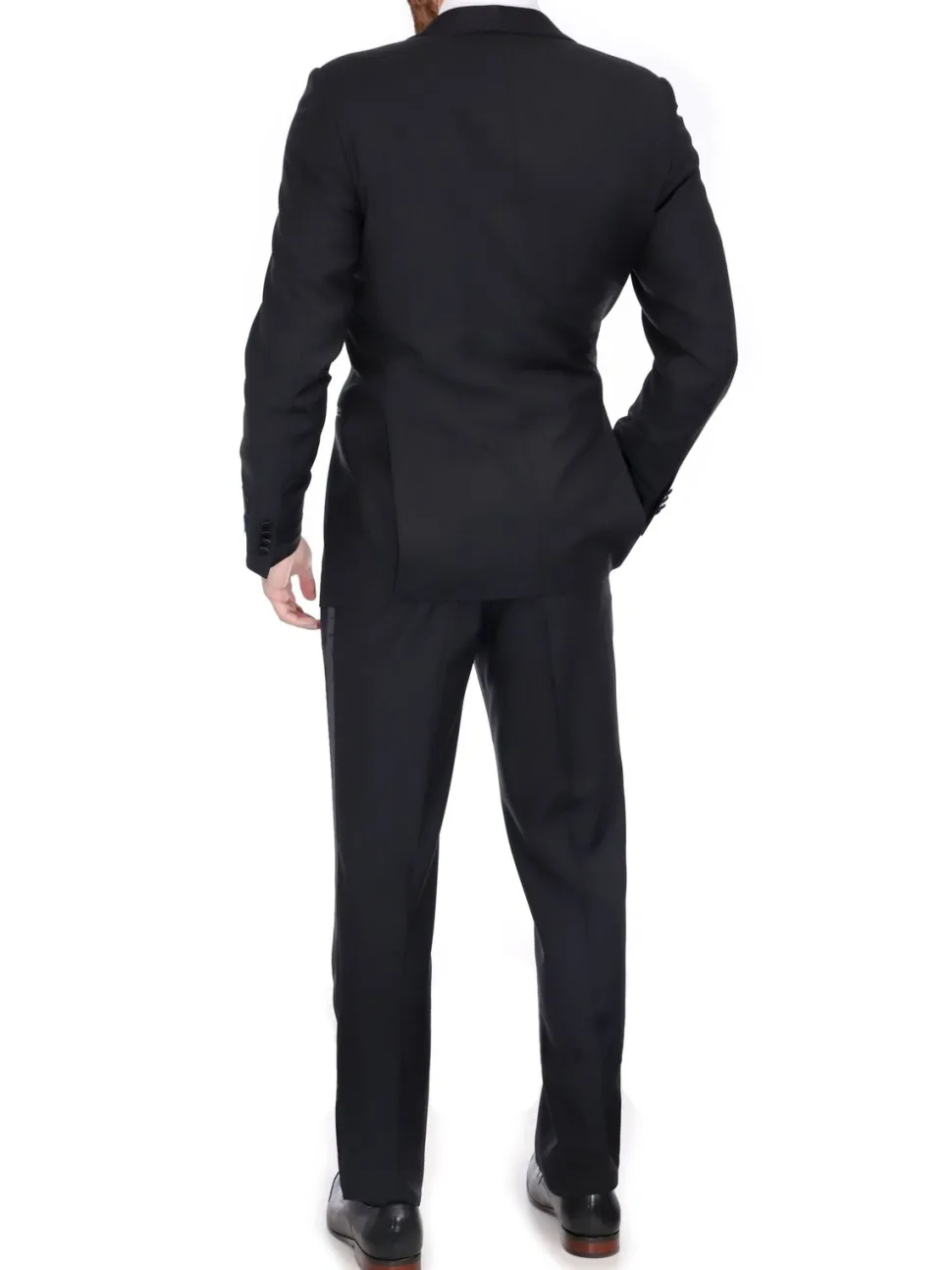 Blujacket Mens Solid Black 100% Wool Regular Fit Tuxedo Suit With Satin Lapel
