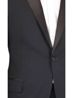 Blujacket Mens Solid Black 100% Wool Regular Fit Tuxedo Suit With Satin Lapel
