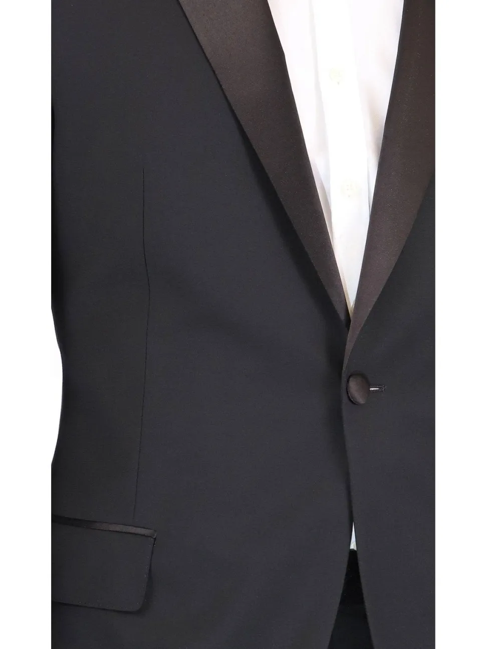 Blujacket Mens Solid Black 100% Wool Regular Fit Tuxedo Suit With Satin Lapel