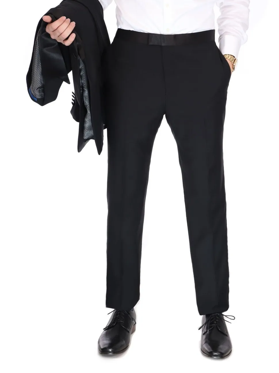 Blujacket Mens Solid Black 100% Wool Regular Fit Tuxedo Suit With Satin Lapel