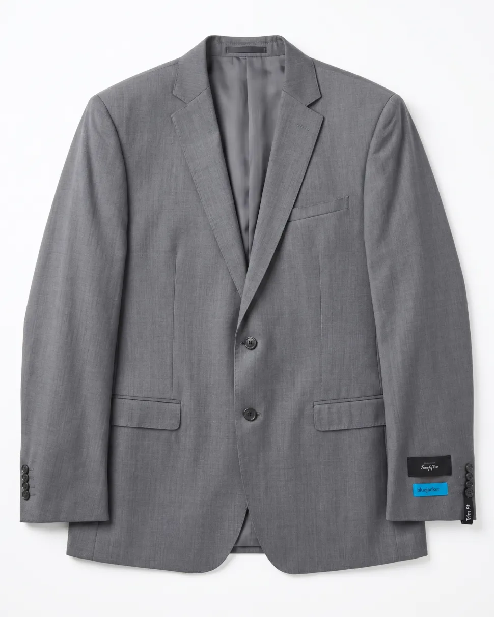 Blujacket Mens Solid Gray Trim Fit Notch Lapel Marzotto Wool 2-Button Suit