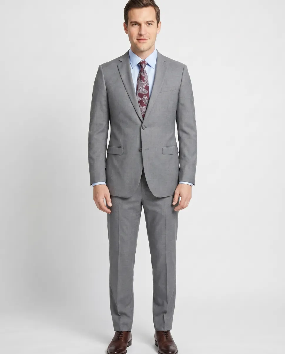 Blujacket Mens Solid Light Gray Wool Cashmere Trim Fit 2 Piece Suit