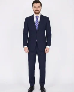 Blujacket Mens Solid Navy Blue Wool Cashmere Trim Fit 2 Piece Suit