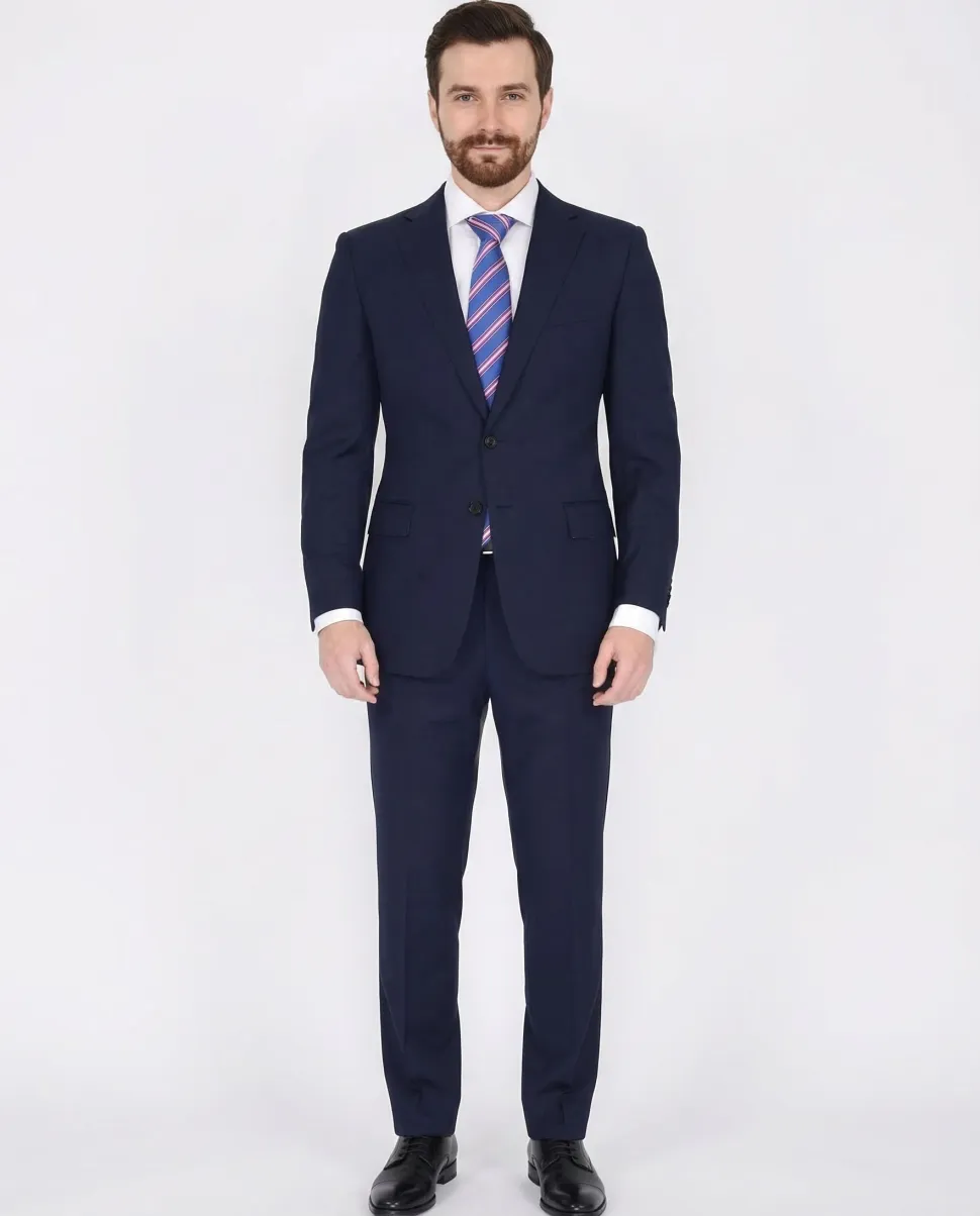 Blujacket Mens Solid Navy Blue Wool Cashmere Trim Fit 2 Piece Suit