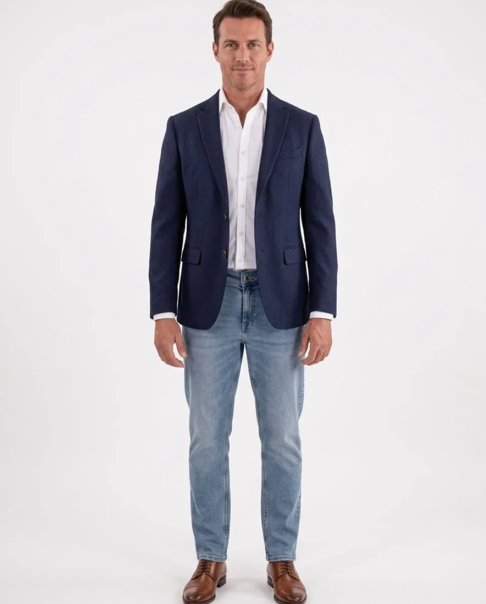 Blujacket Men's Solid Navy Blue Textured VBC Wool Regular Fit Blazer Sportcoat