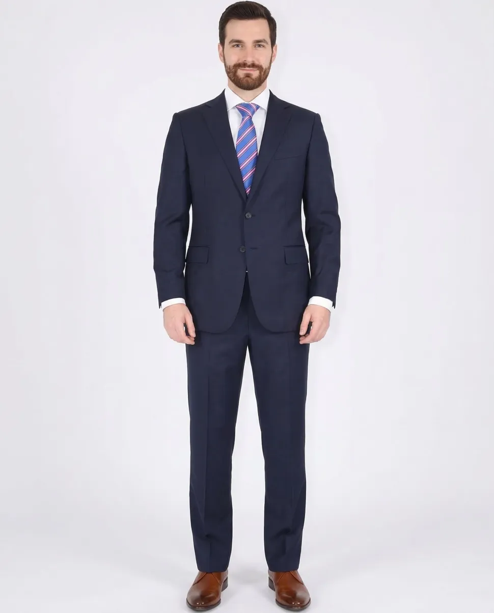 Blujacket Men's Solid Navy Blue 100% Wool Half Canvassed Slim Fit Suit