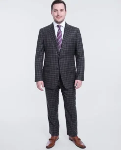 Blujacket Slim Fit Charcoal Gray & Blue Plaid Half Canvassed Wool Suit