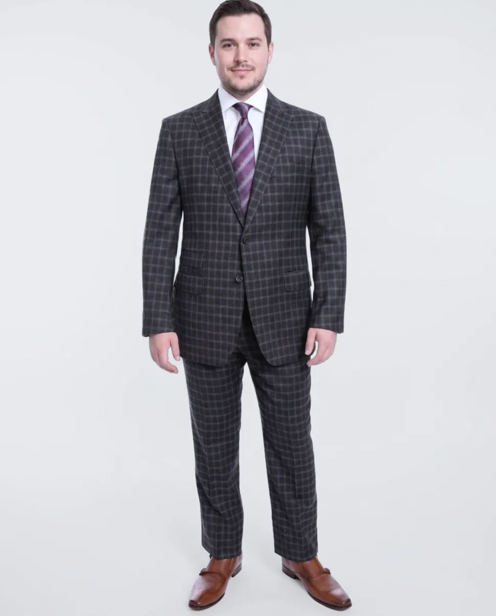 Blujacket Slim Fit Charcoal Gray & Blue Plaid Half Canvassed Wool Suit