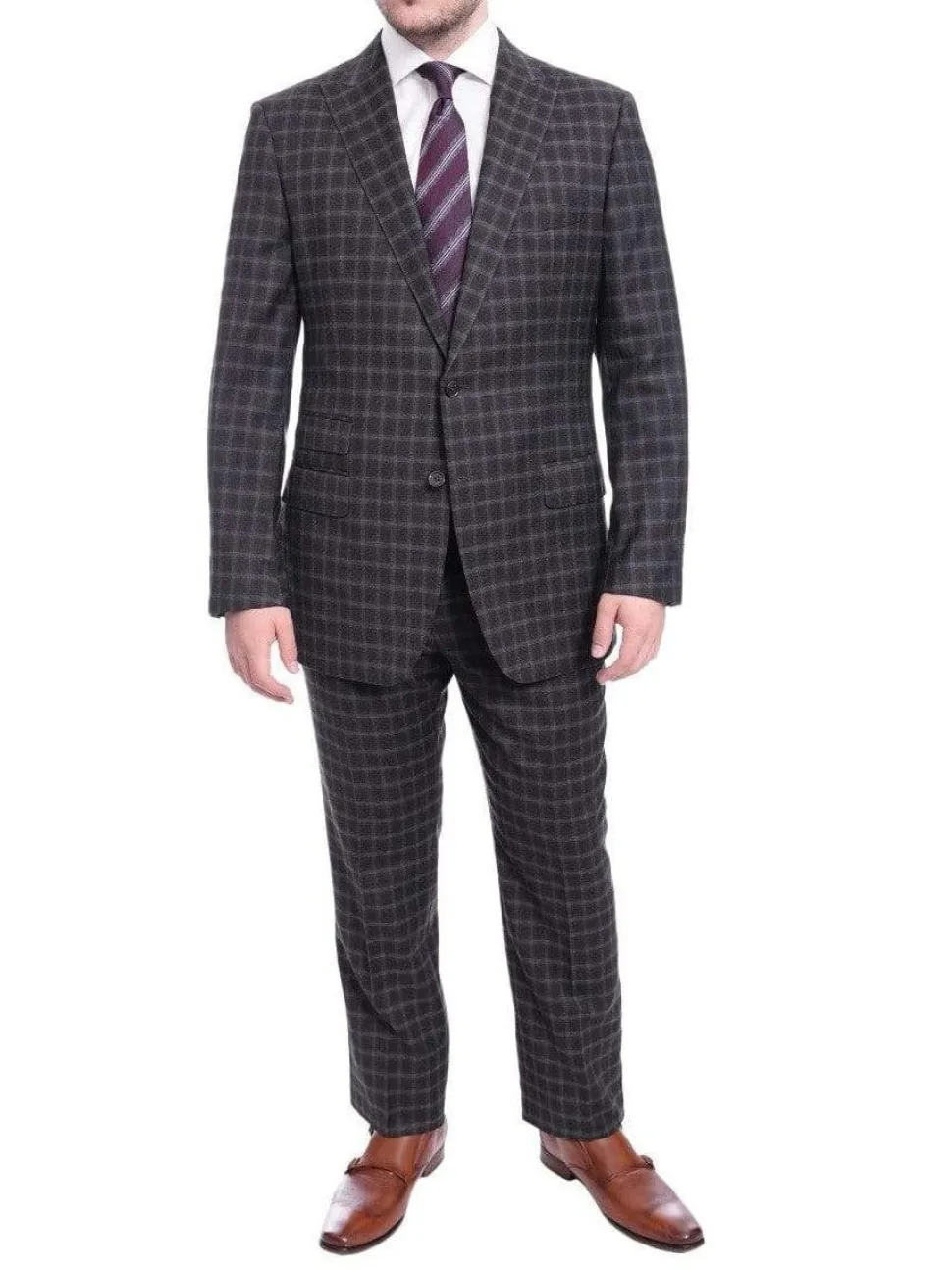 Blujacket Slim Fit Charcoal Gray & Blue Plaid Half Canvassed Wool Suit