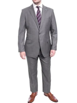 Blujacket Slim Fit Gray Pinstriped Two Button Half Canvassed Wool Suit