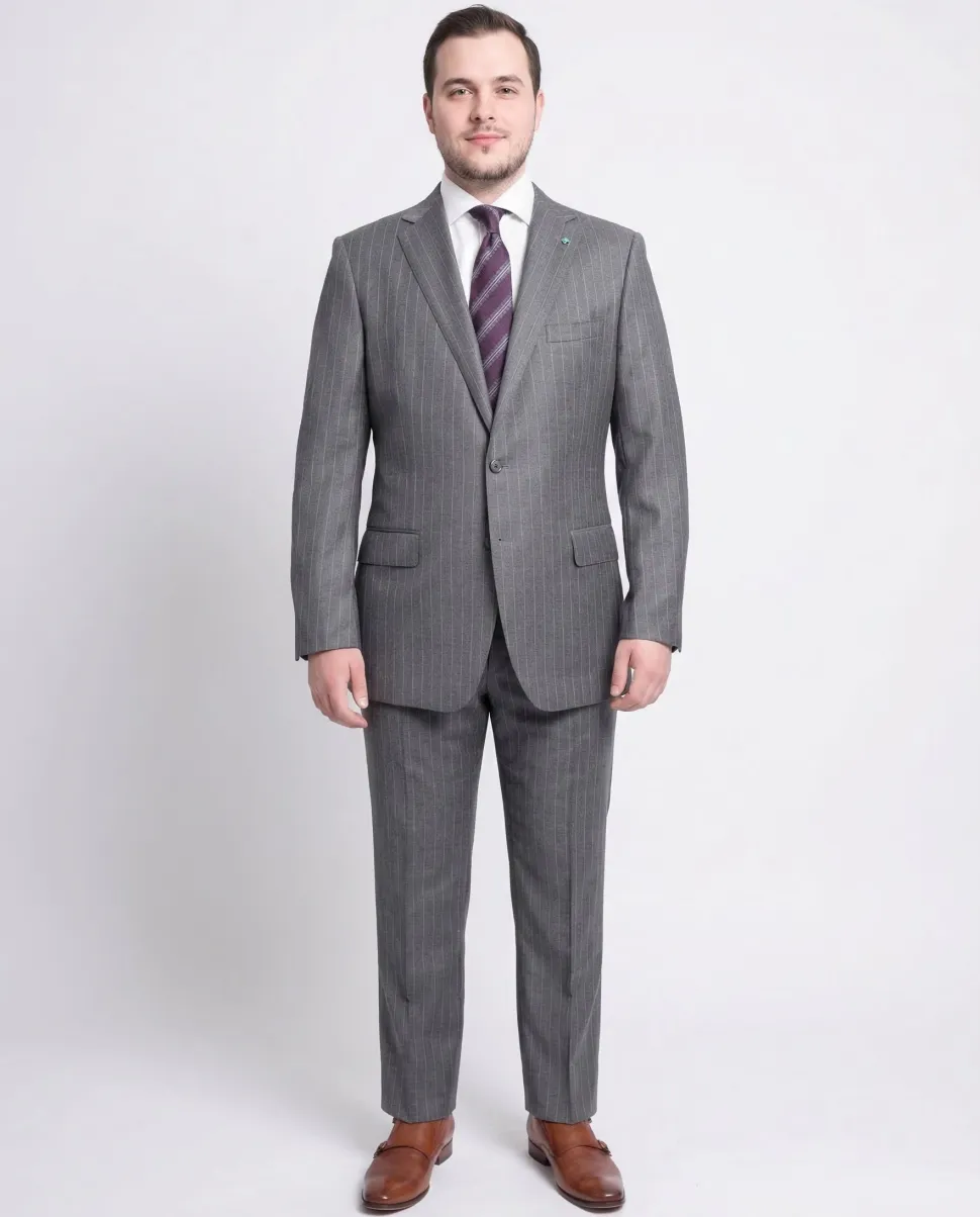 Blujacket Slim Fit Gray Pinstriped Two Button Half Canvassed Wool Suit