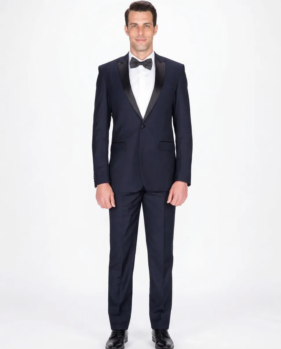 Braveman Slim Fit Navy Blue One Button Tuxedo Tux Suit With Peak Lapels