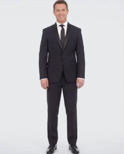Braveman Slim Fit Solid Navy Blue Two Button Tuxedo Suit With Black Satin Lapel