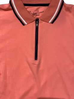 Briani Uomo Solid Coral 100% Pima Cotton Zip-Up Short Sleeve Polo Casual Shirt