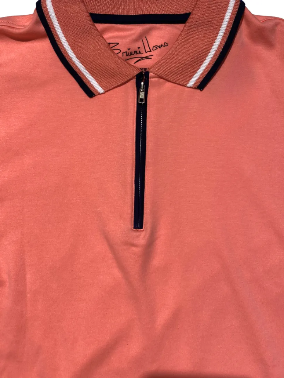 Briani Uomo Solid Coral 100% Pima Cotton Zip-Up Short Sleeve Polo Casual Shirt