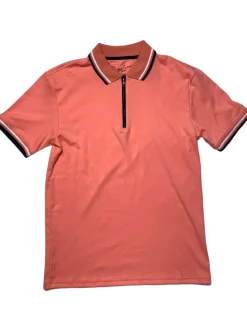 Briani Uomo Solid Coral 100% Pima Cotton Zip-Up Short Sleeve Polo Casual Shirt