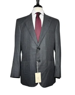 Brioni Mens Charcoal Textured Fully-Canvassed Notch Lapel Classic Fit 2-Button Wool Silk Blend Suit with Asymmetric Pockets - 42L