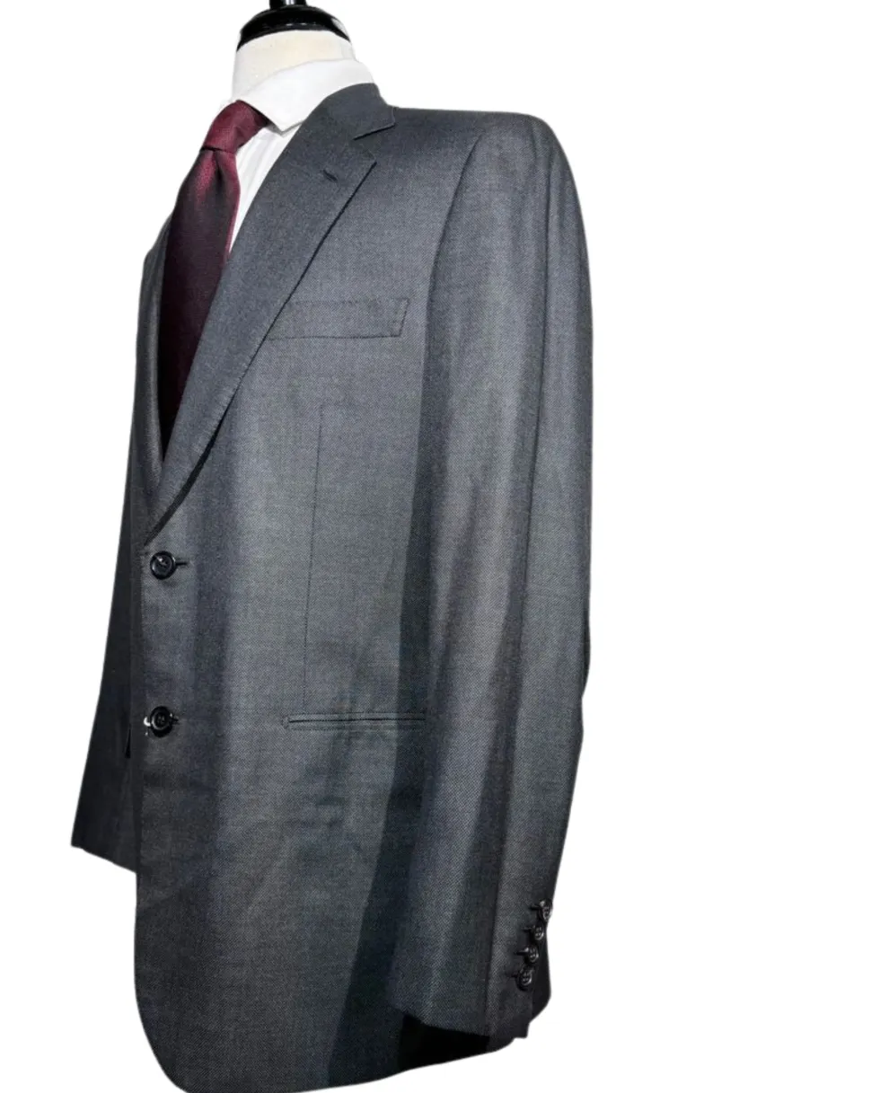 Brioni Mens Charcoal Textured Fully-Canvassed Notch Lapel Classic Fit 2-Button Wool Silk Blend Suit with Asymmetric Pockets - 42L