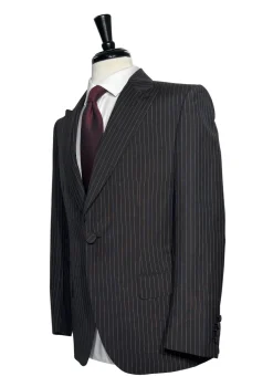 Brioni Mens Dark Brown Pinstripe Fully-Canvassed Peak Lapel Classic Fit 3-Piece Wool Blend Suit - 40S