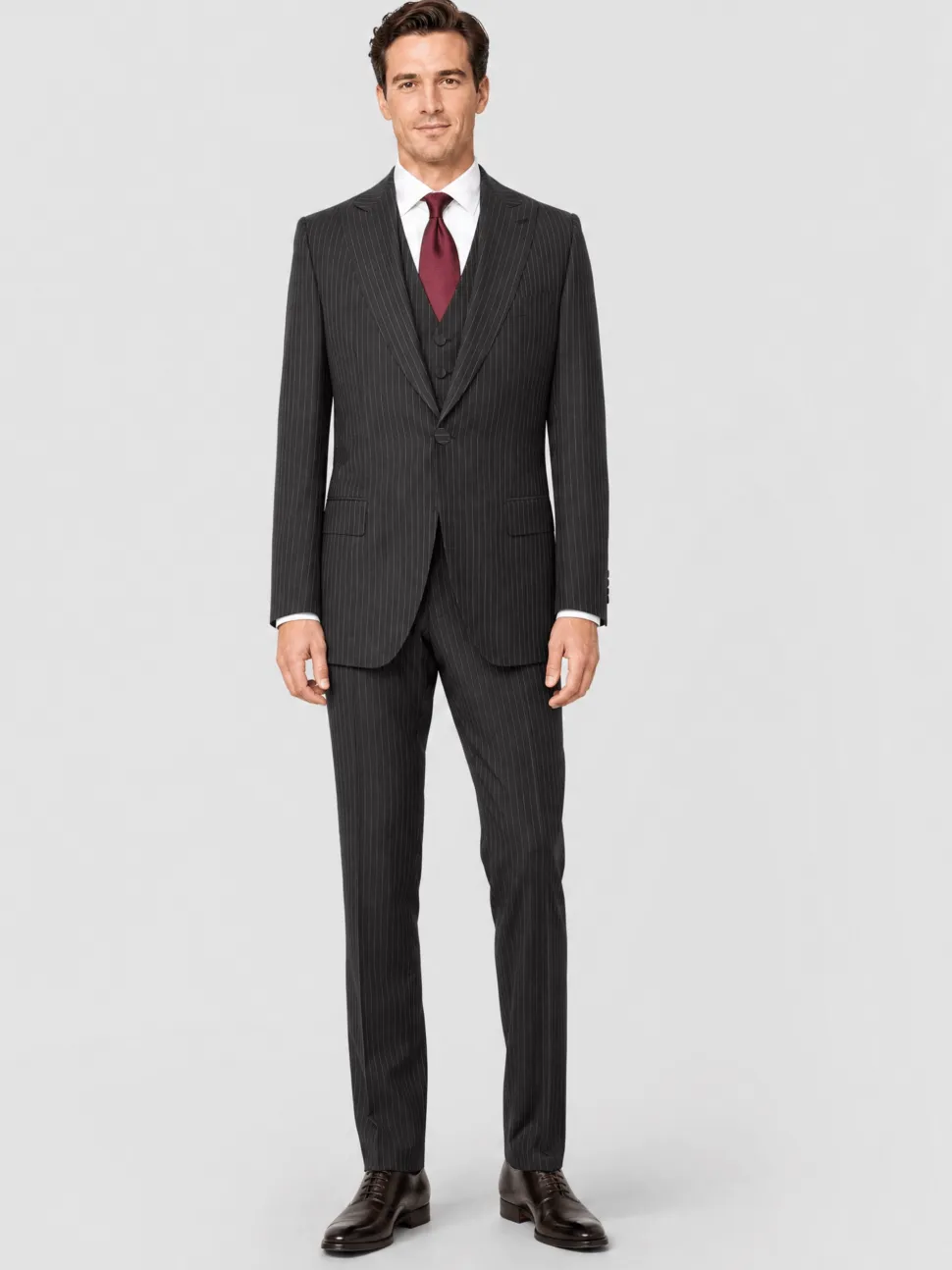Brioni Mens Dark Brown Pinstripe Fully-Canvassed Peak Lapel Classic Fit 3-Piece Wool Blend Suit - 40S