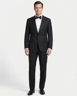 Brioni Mens Solid Black Fully-Canvassed Peak Lapel Classic Fit 1-Button Wool Tuxedo with Grosgrain Trim - 46L