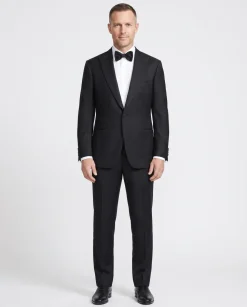 Brioni Mens Solid Black Fully-Canvassed Peak Lapel Classic Fit 1-Button Wool Tuxedo with Grosgrain Trim - 42R