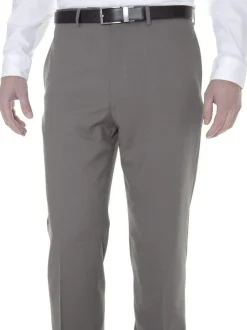 Calvin Klein Mens Slim Fit Taupe Herringbone Flat Front Wool Dress Pants