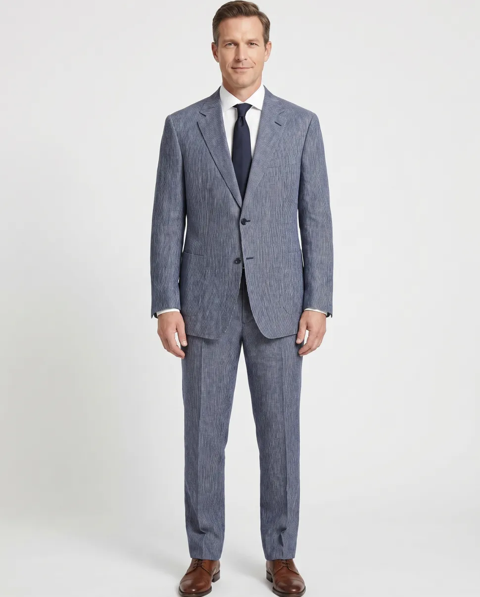 Canali Blue Pinstriped 100% Linen Suit 48L