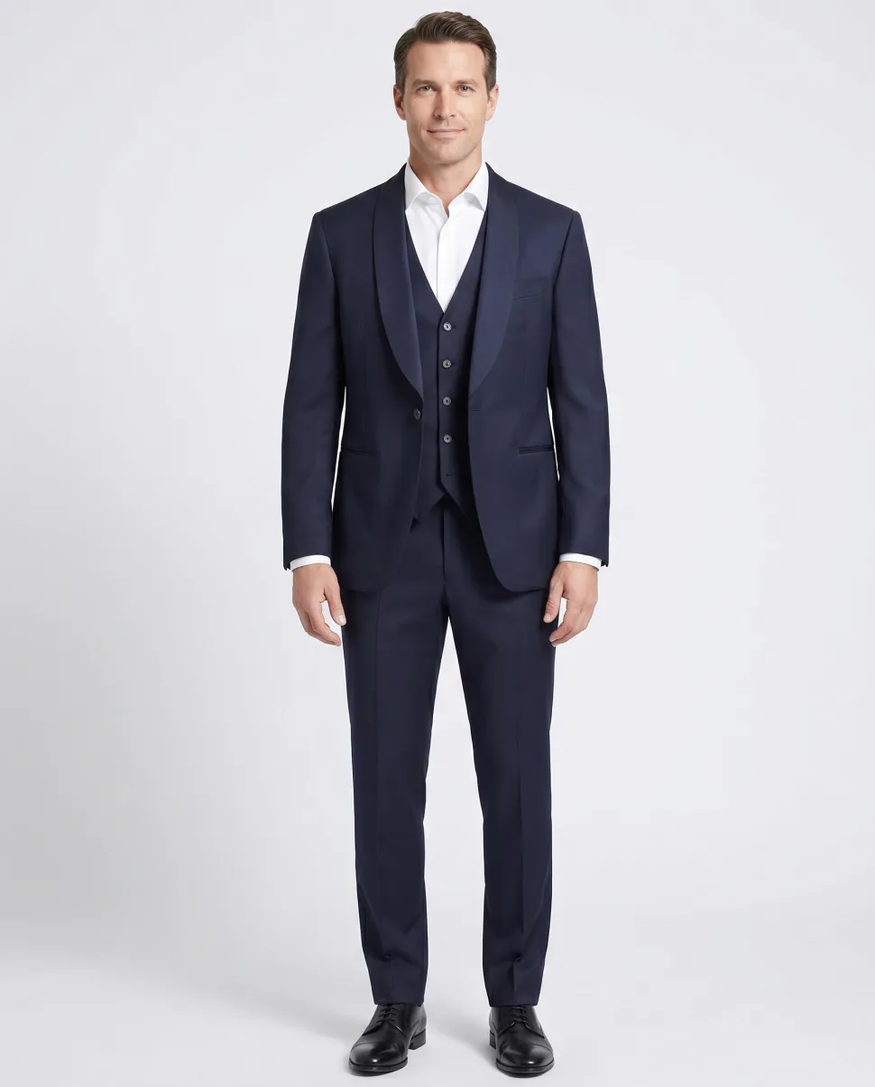Canali Dark Blue Slim Fit Canvassed Shawl Lapel Wool 3-Piece Suit 44R