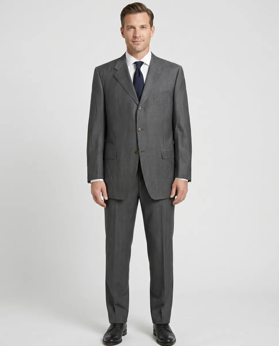 Canali Dark Gray Herringbone Wool Blend 3-Button Suit 48L