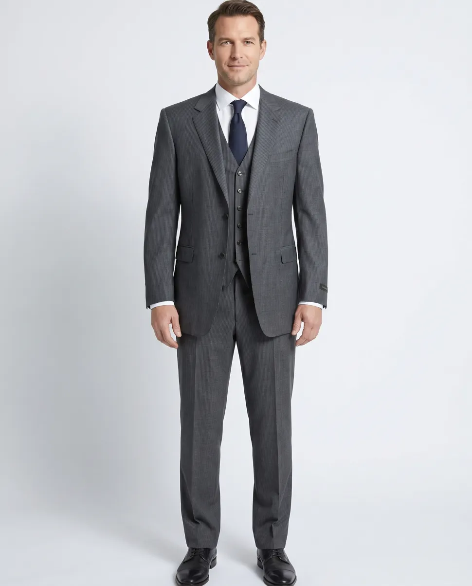 Canali Dark Gray 3-piece Pinstriped 100% Wool Suit 46XL