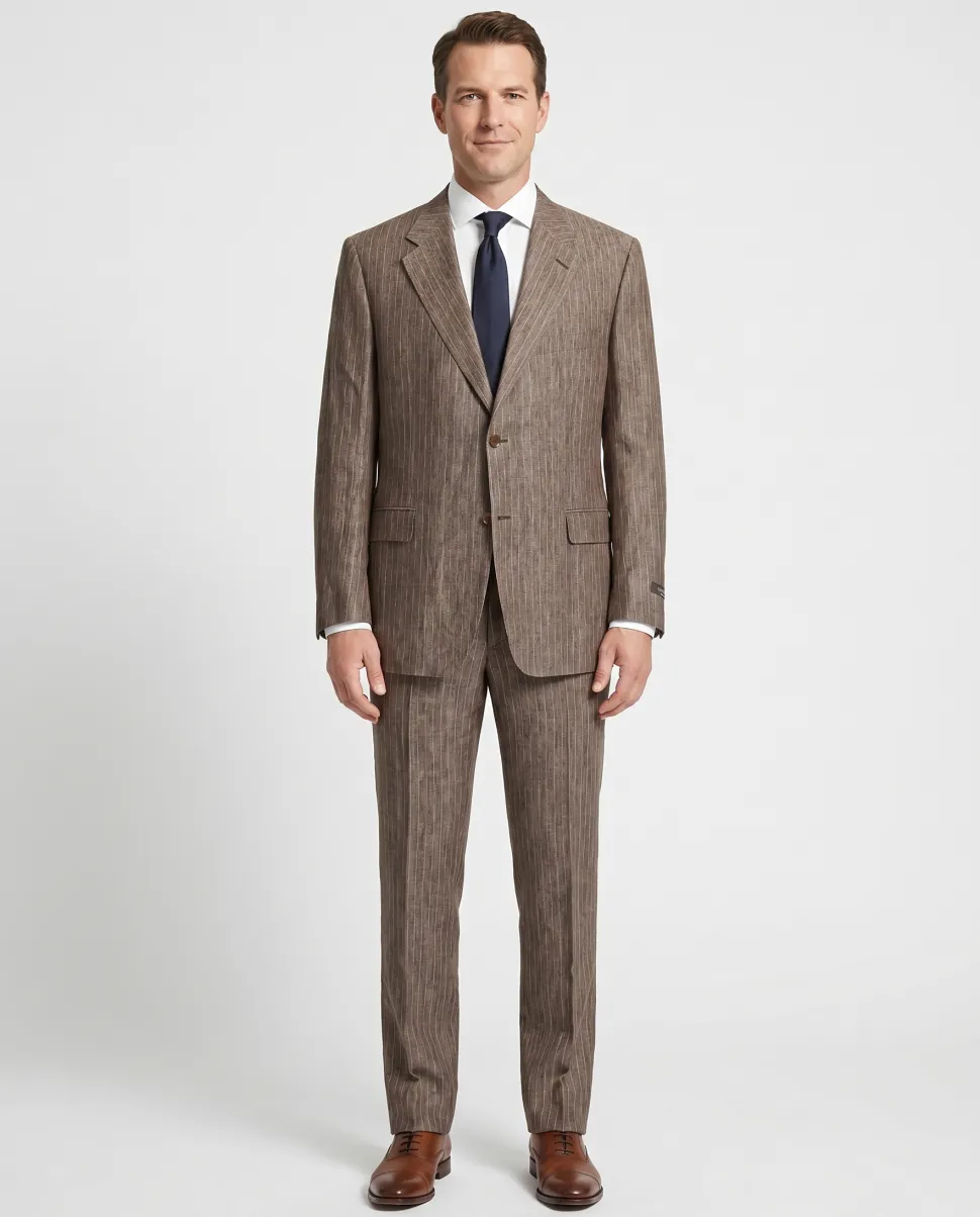Canali Men's Brown Pinstripe 100% Linen Suit - 46R