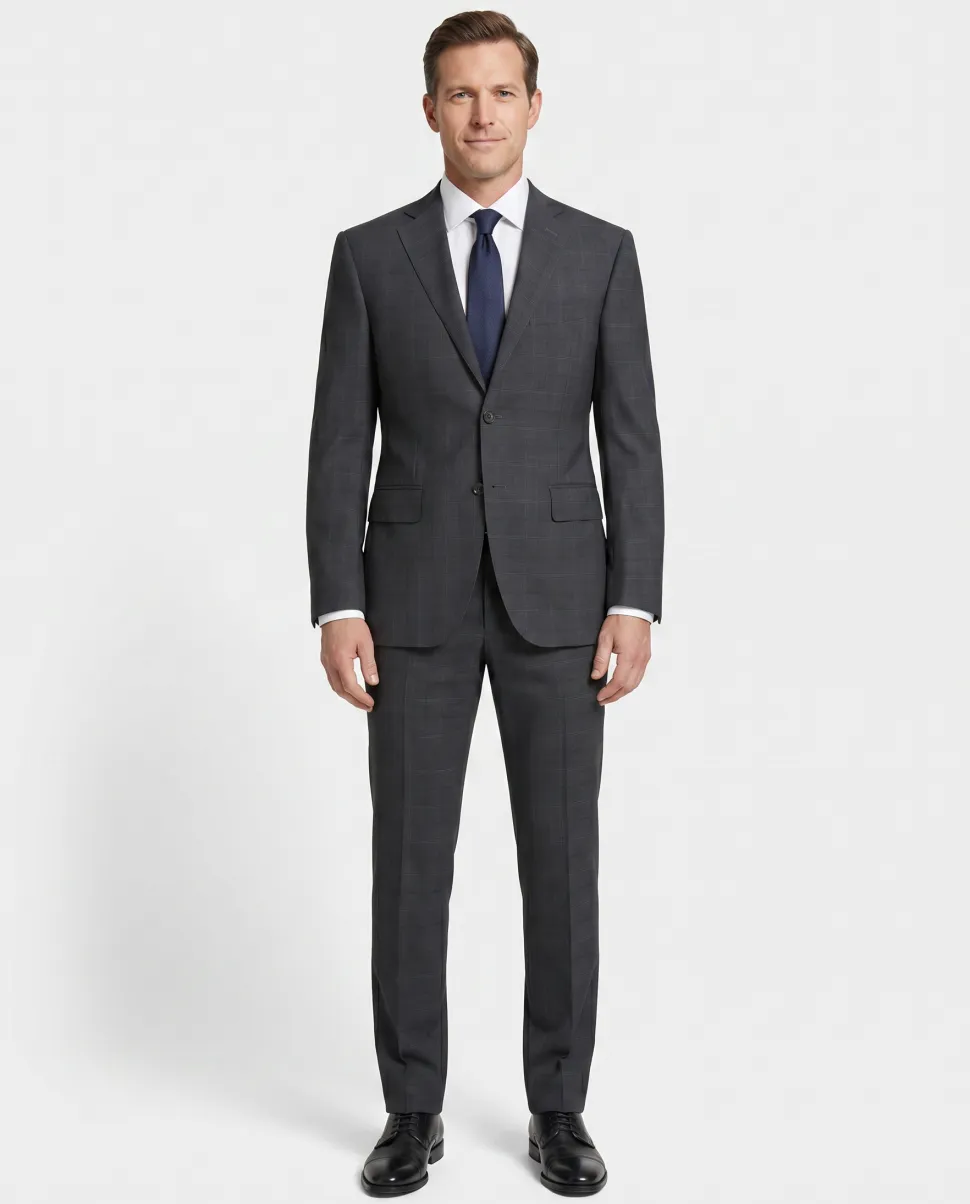 Canali Men's Charcoal Windowpane 100% Wool Suit 34S