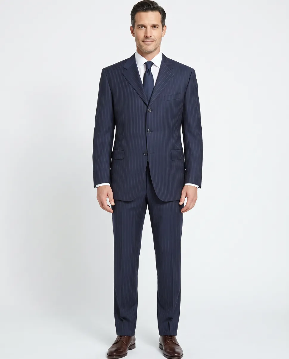 Canali Men's Navy Pinstriped 100% 3-Button Wool Suit 48L