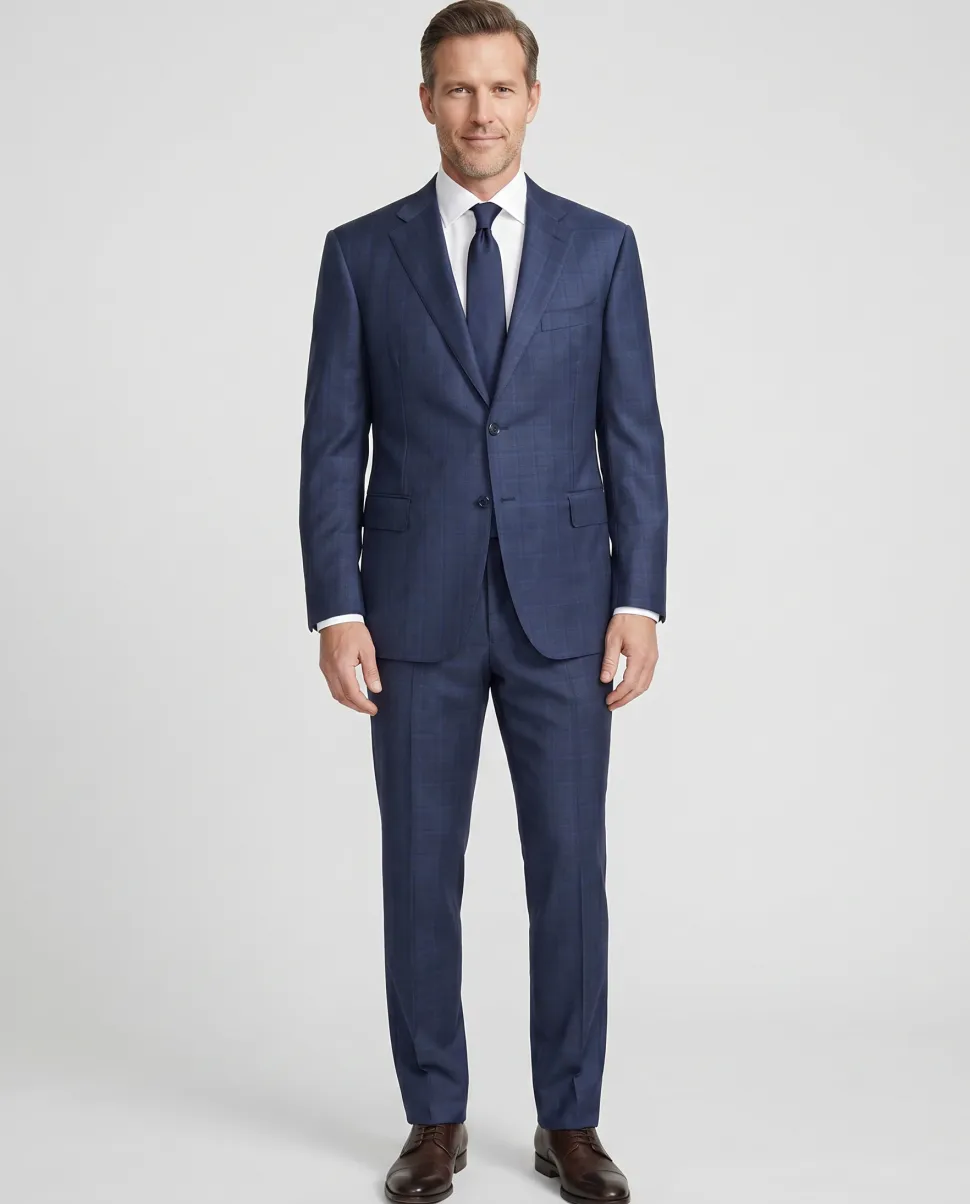 Canali Navy Blue Plaid Notch Lapel Classic Fit 100% Wool 2 Button Suit 44L
