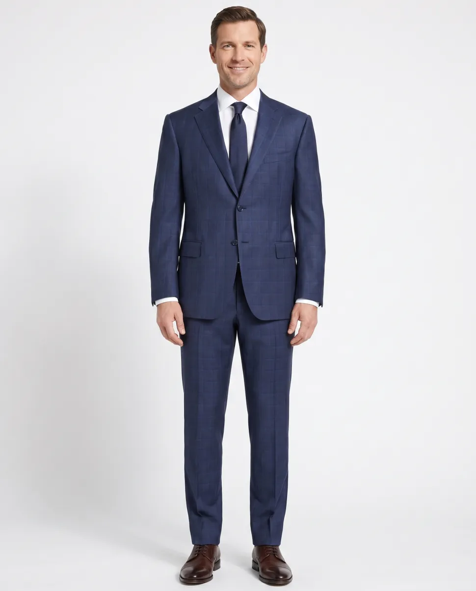 Canali Navy Blue Plaid Notch Lapel Classic Fit 100% Wool 2 Button Suit 44L
