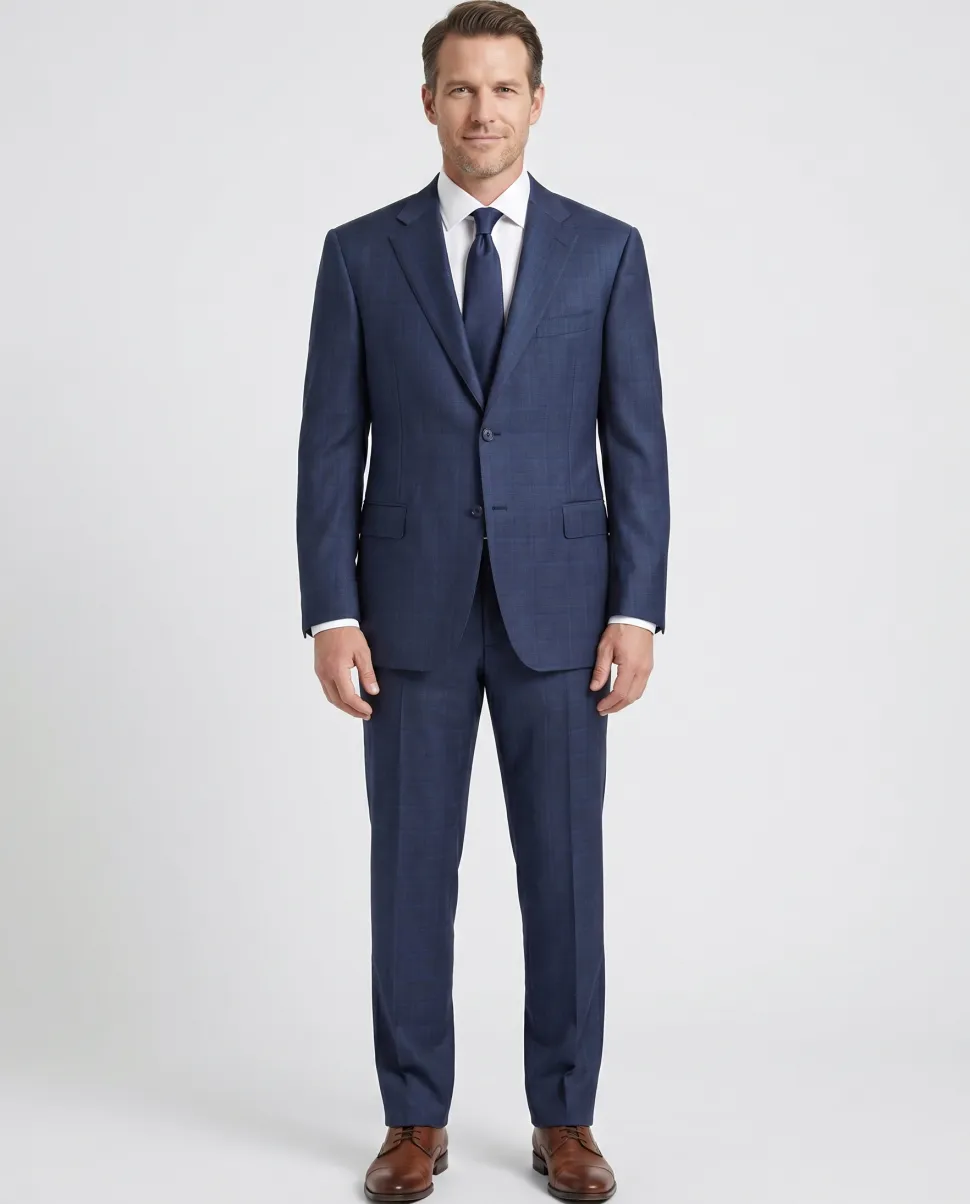 Canali Navy Blue Plaid Notch Lapel Classic Fit 100% Wool 2 Button Suit 48L