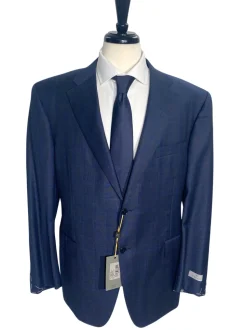 Canali Navy Blue Plaid Notch Lapel Classic Fit 100% Wool 2 Button Suit 48L